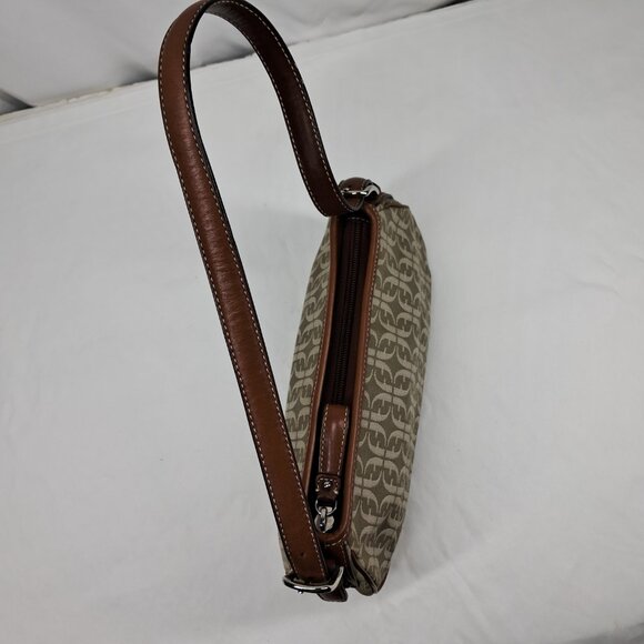 Vtg Fossil Brown Green Signature Jacquard Fabric Leather Trim Shoulder Demi Bag - Picture 6 of 14